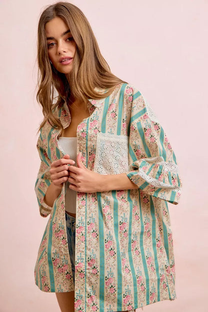 Teal BiBi eyelet lace and floral mix and match shirt top by Trendsi, featuring eyelet lace details and a floral pattern.