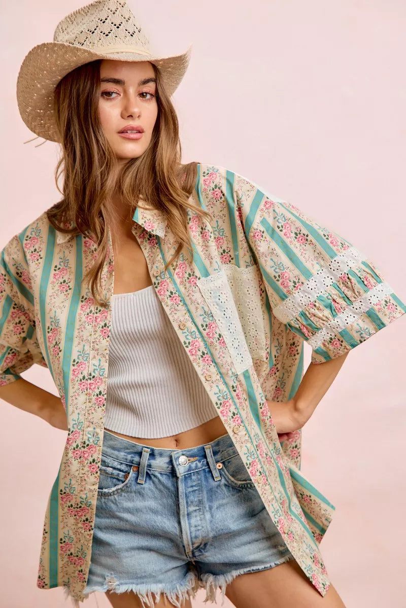 Teal BiBi eyelet lace and floral mix-and-match shirt top with button details, stylish and lightweight for casual wear.