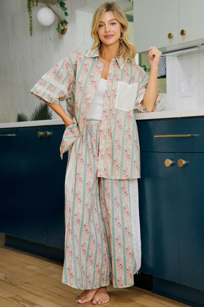 Teal BiBi eyelet lace and floral mix-and-match shirt top with short sleeves and button front, casual chic for everyday wear.