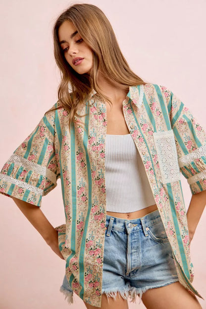 Teal BiBi eyelet lace and floral mix-and-match shirt top by Trendsi, featuring eyelet lace details and floral patterns.