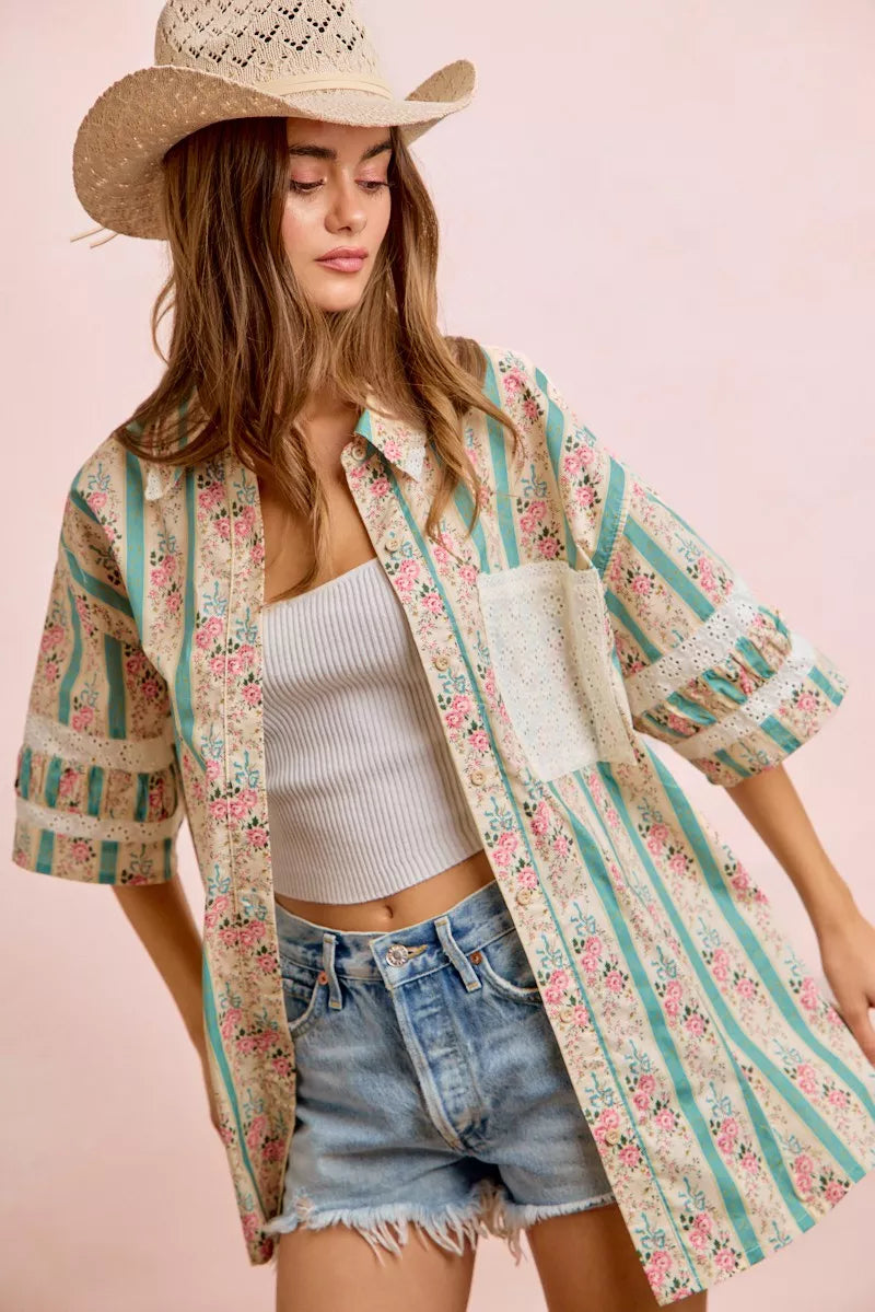 Teal BiBi eyelet lace and floral mix-and-match shirt top by Trendsi, featuring eyelet lace details and floral pattern.