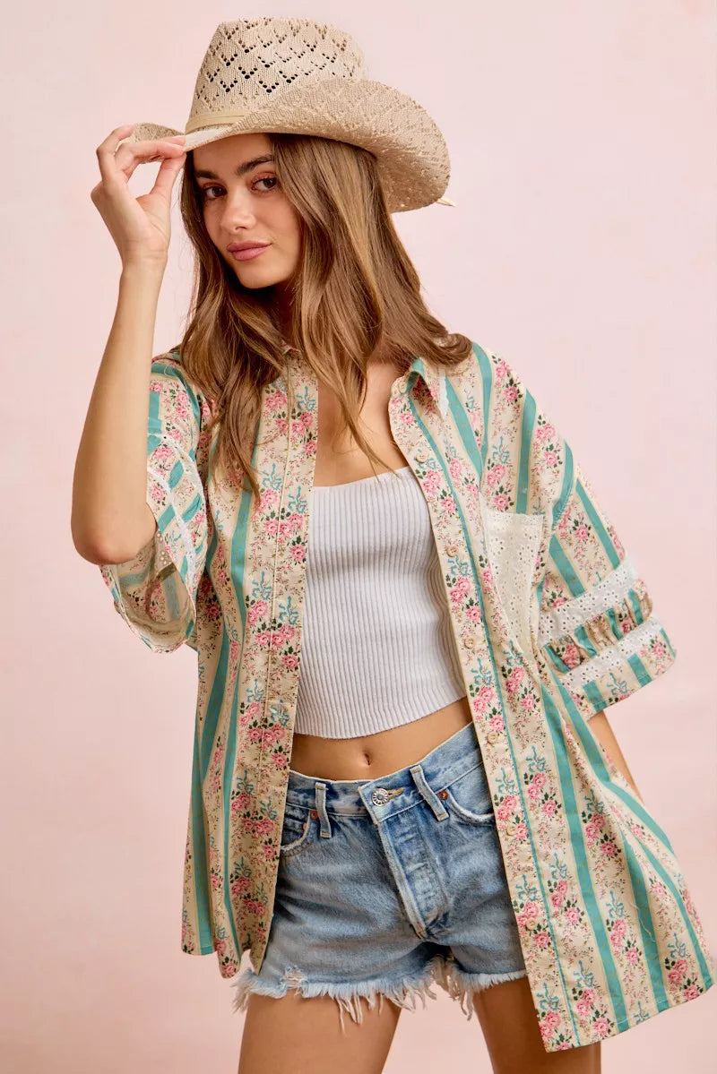 Teal BiBi eyelet lace and floral print shirt top with mixed patterns, stylish and lightweight for a casual look.