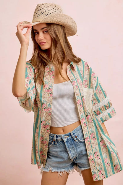 Teal BiBi eyelet lace and floral print shirt top with mixed patterns, stylish and lightweight for a casual look.