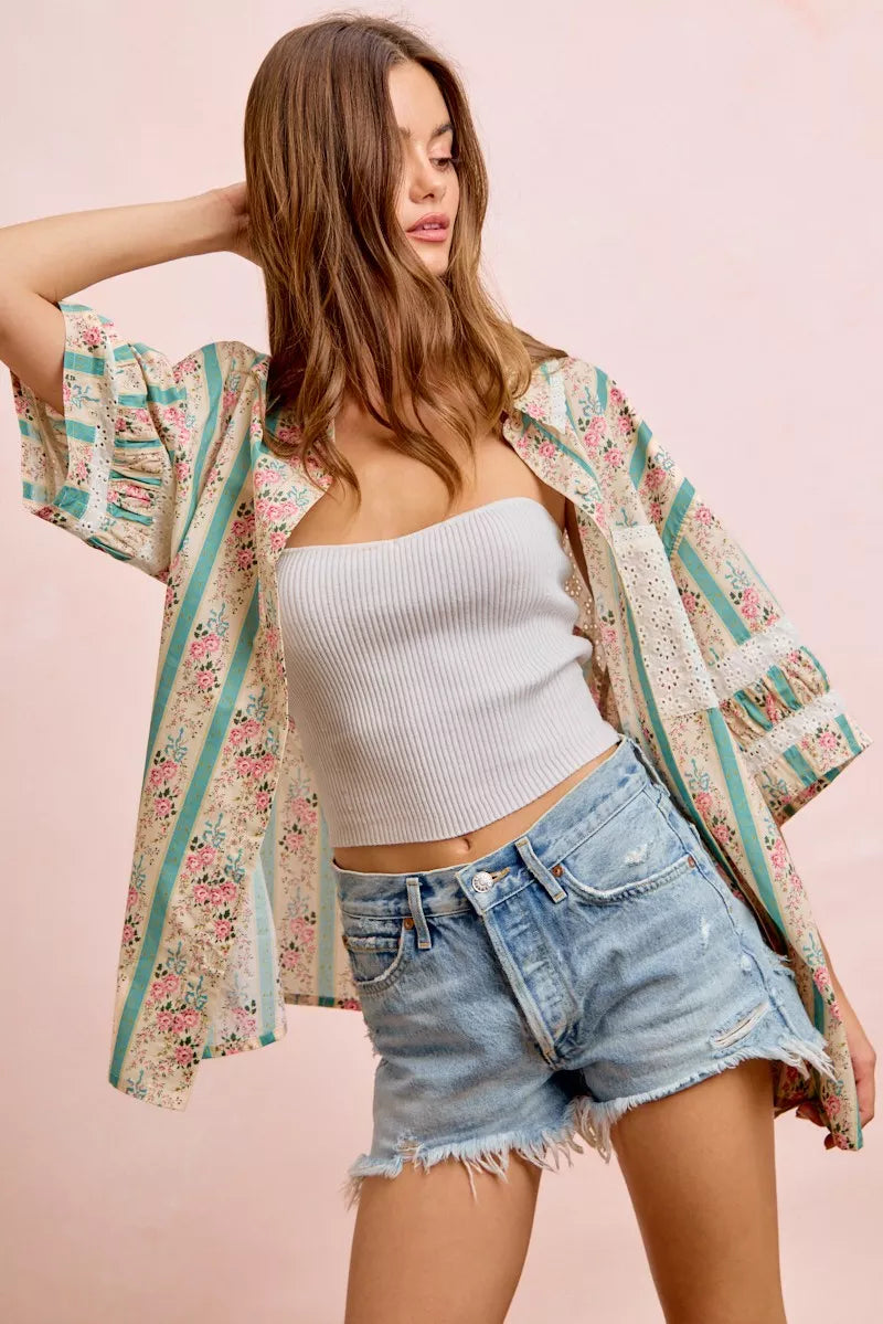 Teal BiBi eyelet lace and floral print shirt top with mixed patterns, casual style, by Trendsi.