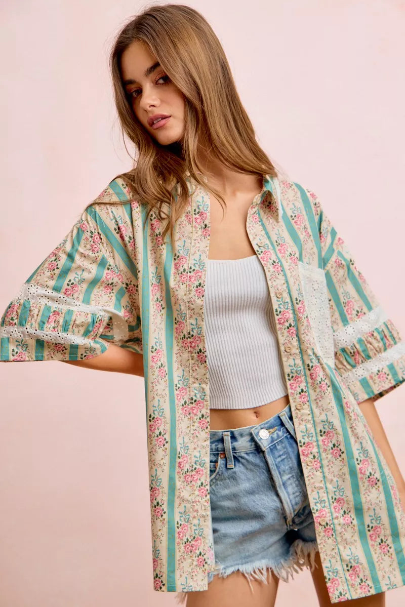 Teal BiBi eyelet lace and floral mix-and-match shirt top by Trendsi, featuring eyelet lace details and a floral pattern.
