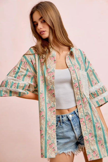 Teal BiBi eyelet lace and floral mix-and-match shirt top by Trendsi, featuring eyelet lace details and a floral pattern.