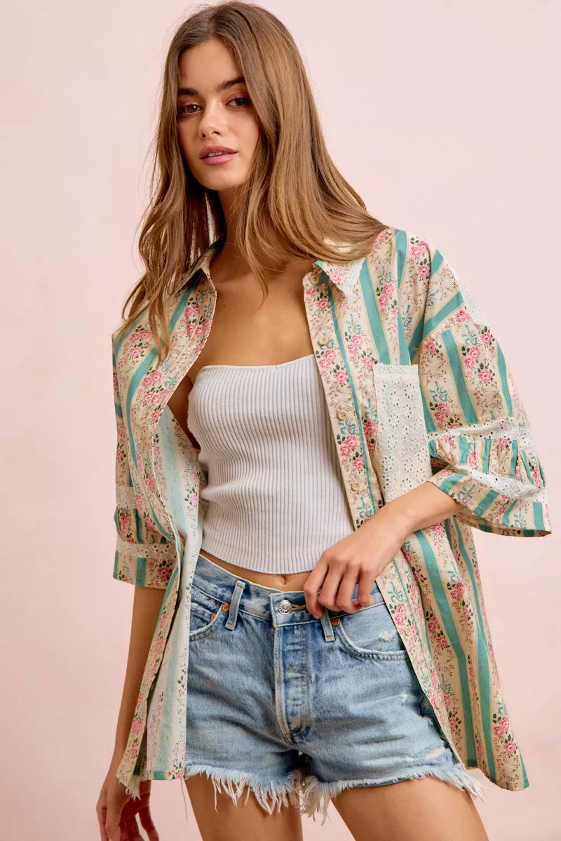 Teal BiBi eyelet lace and floral mix-and-match shirt top with long sleeves and button front, stylish and feminine.