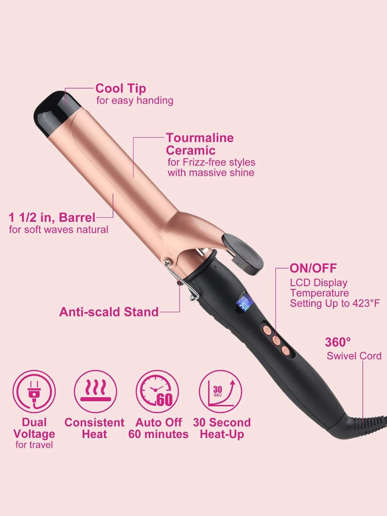 Trendsi 25mm fast heating curling iron with European plug, featuring a sleek barrel for creating stylish curls.