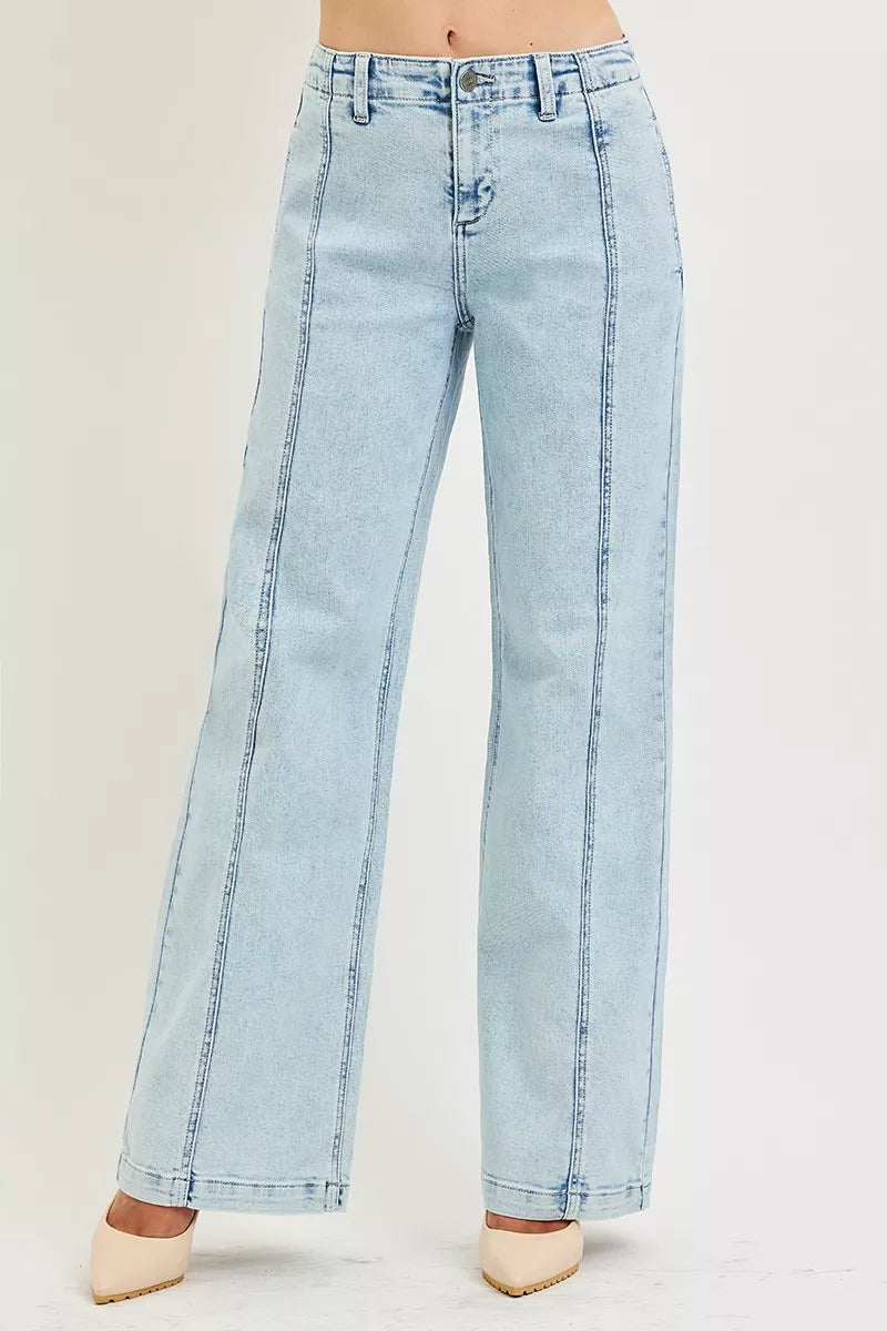 Light acid wash RISEN slouchy wide-leg jeans from Trendsi, showing relaxed fit and casual style on a white background.