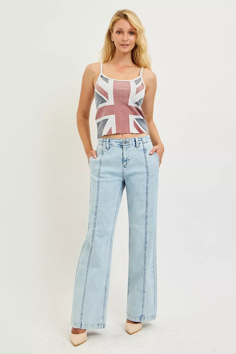 Light acid-wash RISEN slouchy wide leg jeans from Trendsi, featuring a relaxed fit and stylish distressed detailing.