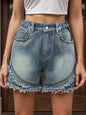 Air Force Blue Raw Hem Studded Denim Shorts by Trendsi, featuring distressed details and metal stud embellishments.