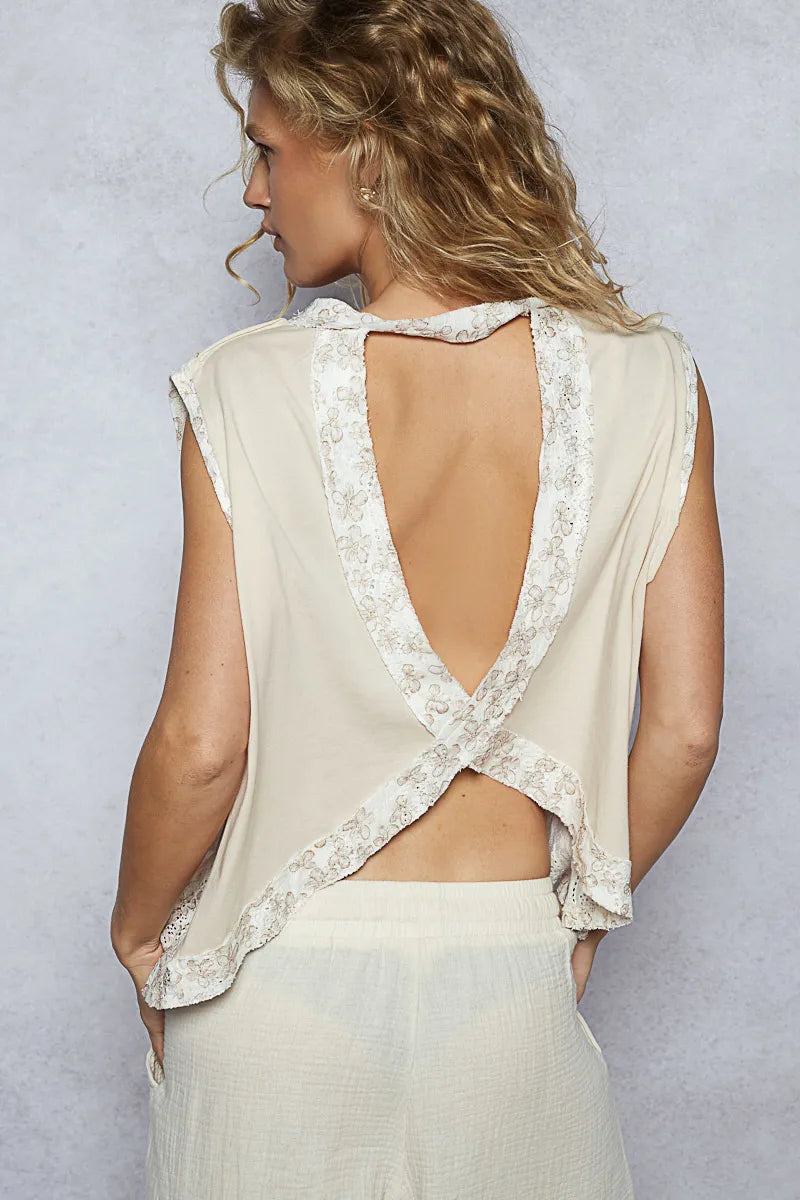 Almond multi POL sleeveless top with round neck and floral contrast design, by Trendsi, shown in a close-up image.