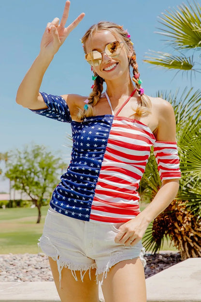 American flag off-shoulder top with front ruched design by Trendsi, featuring a patriotic print and stylish neckline.