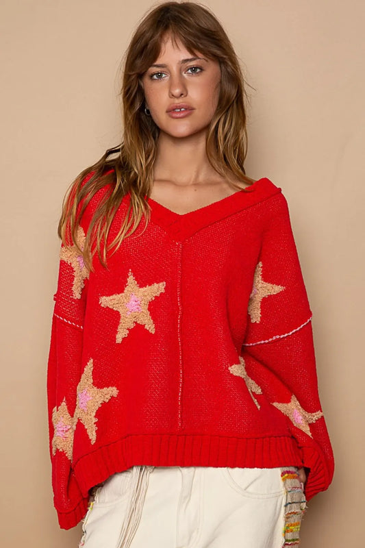 Apple-red POL Long Sleeve Star Patch Sweater by Trendsi featuring a cozy knit with star patches on the chest.