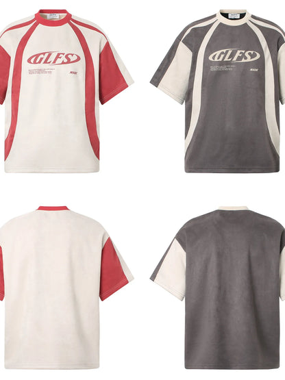 Men's apricot raglan short sleeve T-shirt by Trendsi with contrasting sleeves and a casual fit, displayed on a plain background.