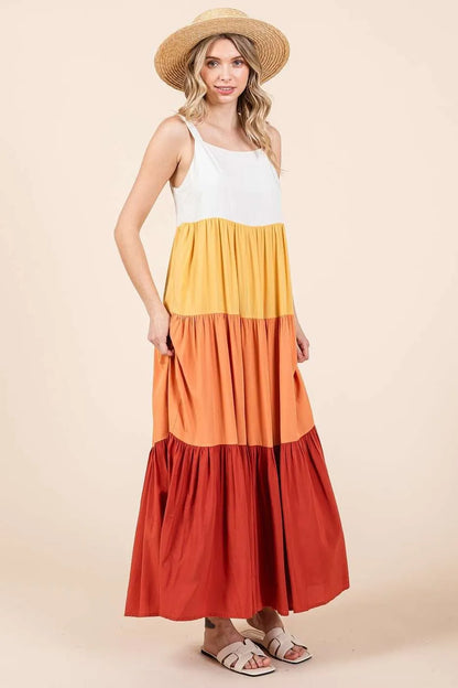 Apricot multi-color block tiered pull-on maxi dress by Mittoshop, featuring a flowy, layered design and comfortable fit.