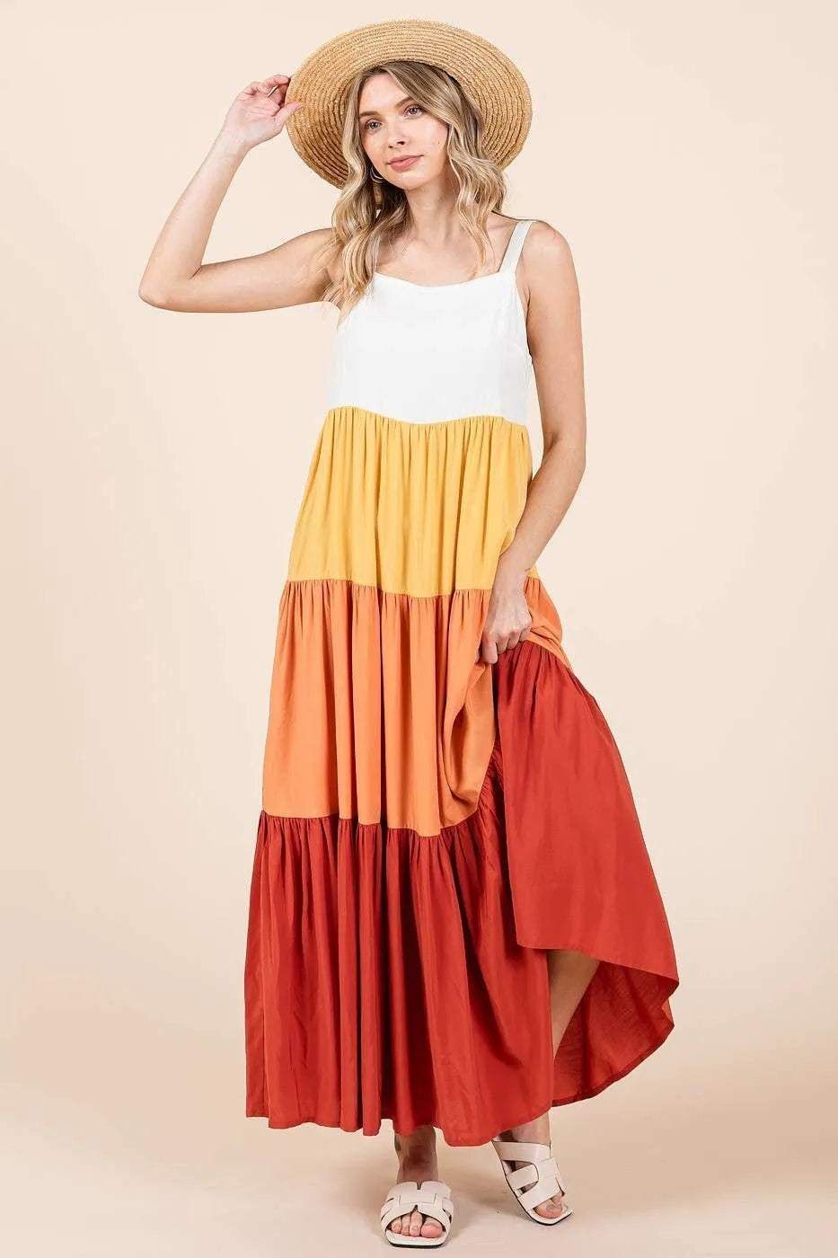 Apricot color block tiered pull-on maxi dress from Mittoshop, featuring a flowy, multi-layered design for a stylish, comfortable look.