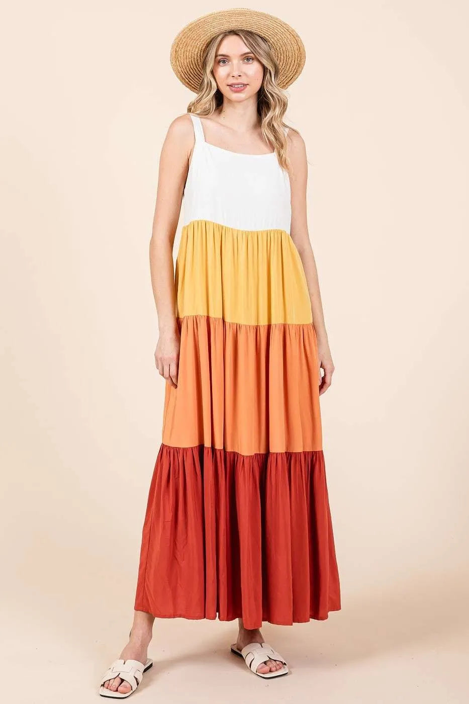 Apricot multi-color block tiered pull-on maxi dress by Mittoshop, featuring a flowing design and comfortable fit.