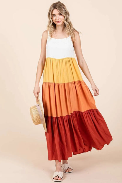 Apricot and multi-color tiered pull-on maxi dress by Mittoshop, featuring color block design and comfortable fit, perfect for casual wear.