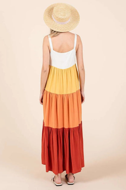 Color block tiered pull-on maxi dress by Mittoshop in apricot and multi-color, featuring a relaxed fit and flowing silhouette.
