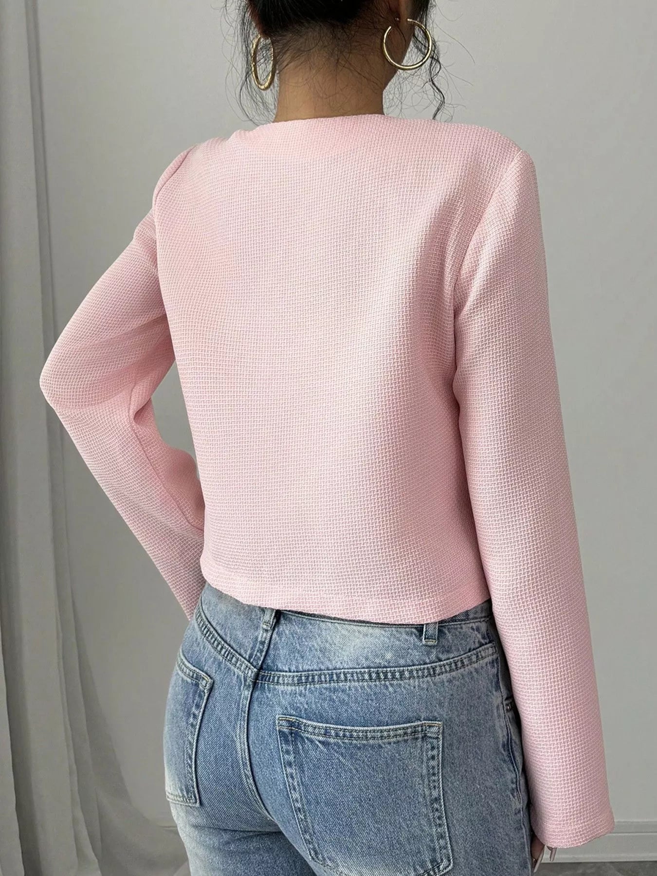 Apricot Bow Detail Cropped Outerwear by Trendsi featuring a stylish bow accent and cropped fit.