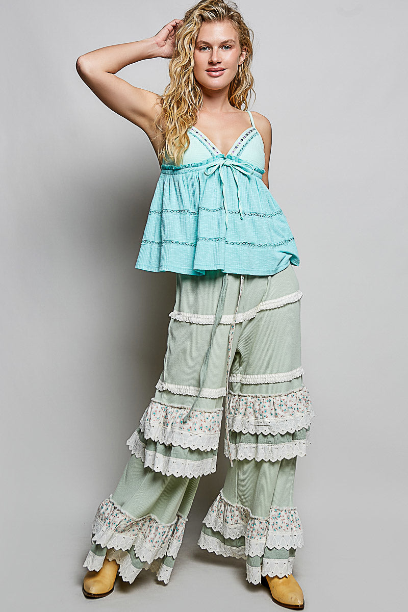 Aqua mint POL V-neck embroidered trim ruffled camisole by Trendsi, featuring delicate embroidery and feminine ruffle details.