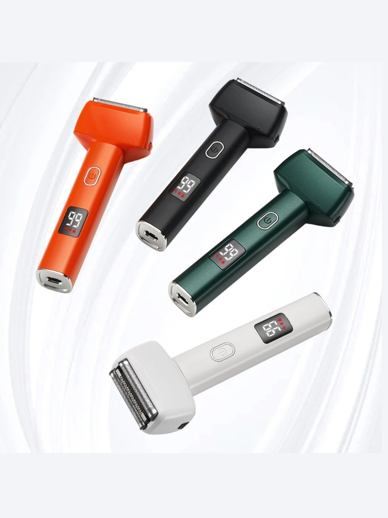 Army green rechargeable foil shaver with LED display, compact design, and ergonomic handle for easy grooming.