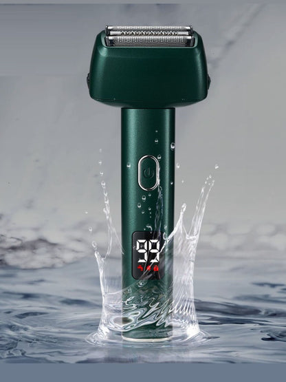 Army green rechargeable foil shaver with LED display from Trendsi, featuring a compact design and ergonomic handle.