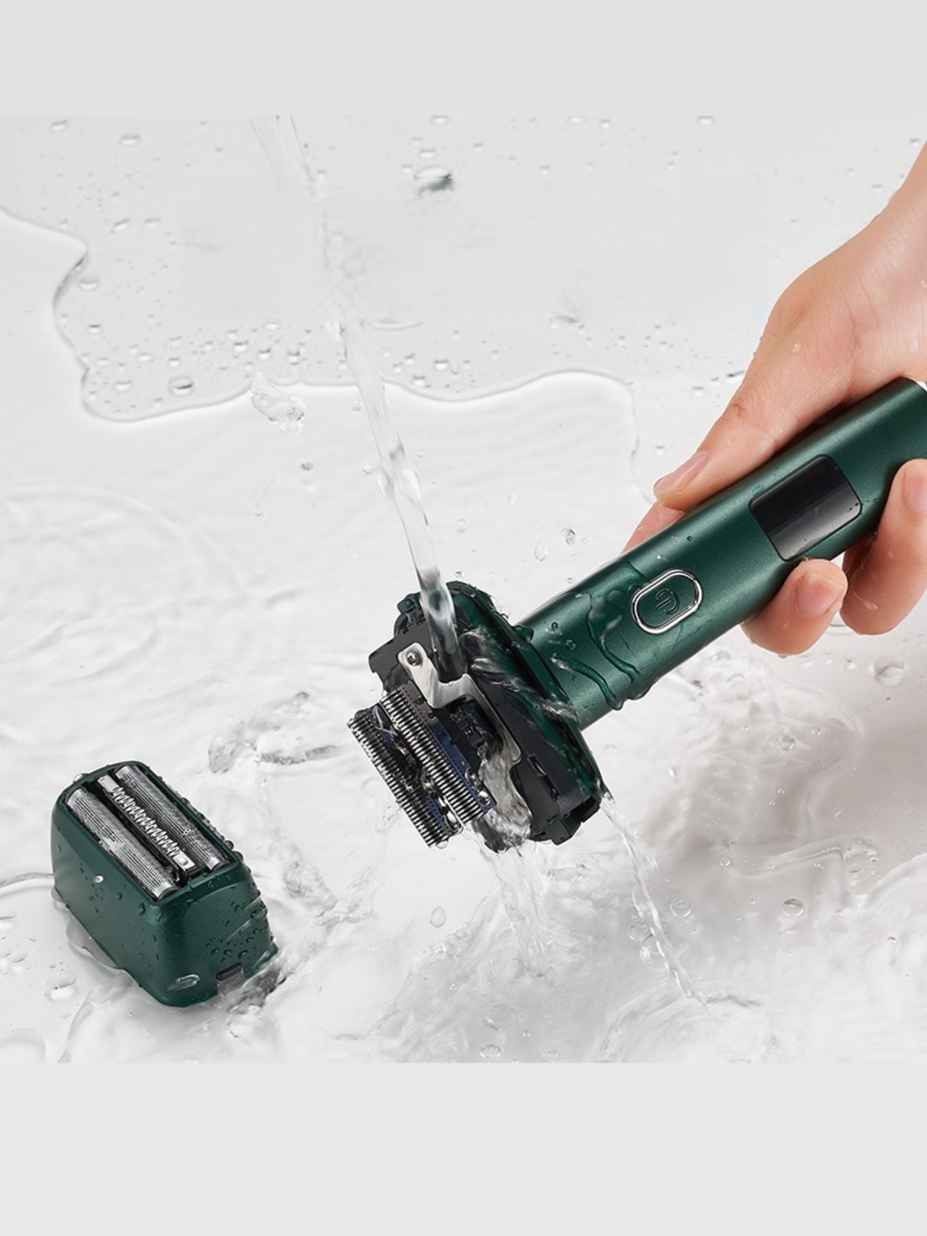 Army green rechargeable foil shaver with LED display and ergonomic design, ideal for precise grooming.