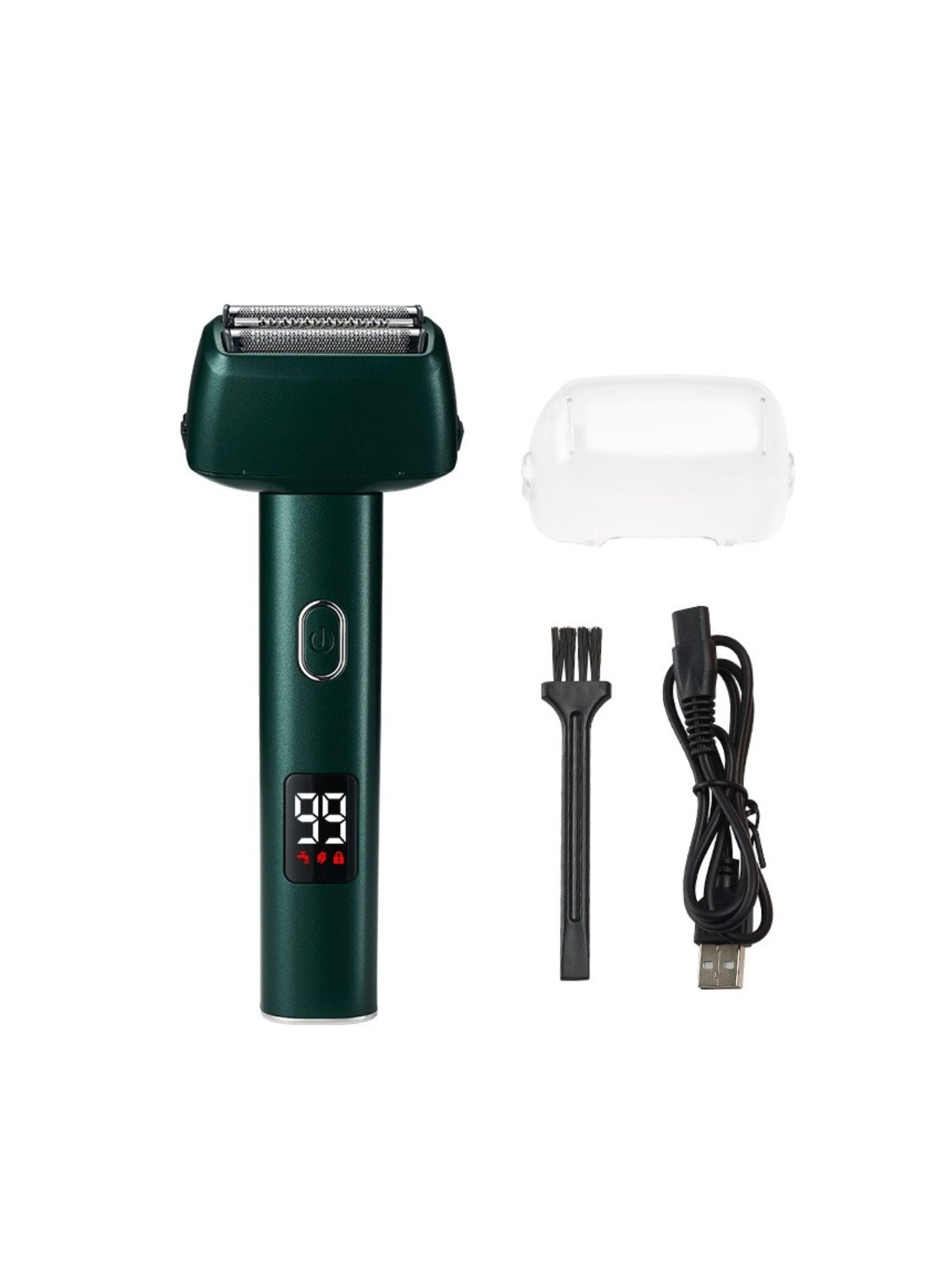 Army green rechargeable foil shaver with LED display, compact design, and ergonomic handle for easy grooming.