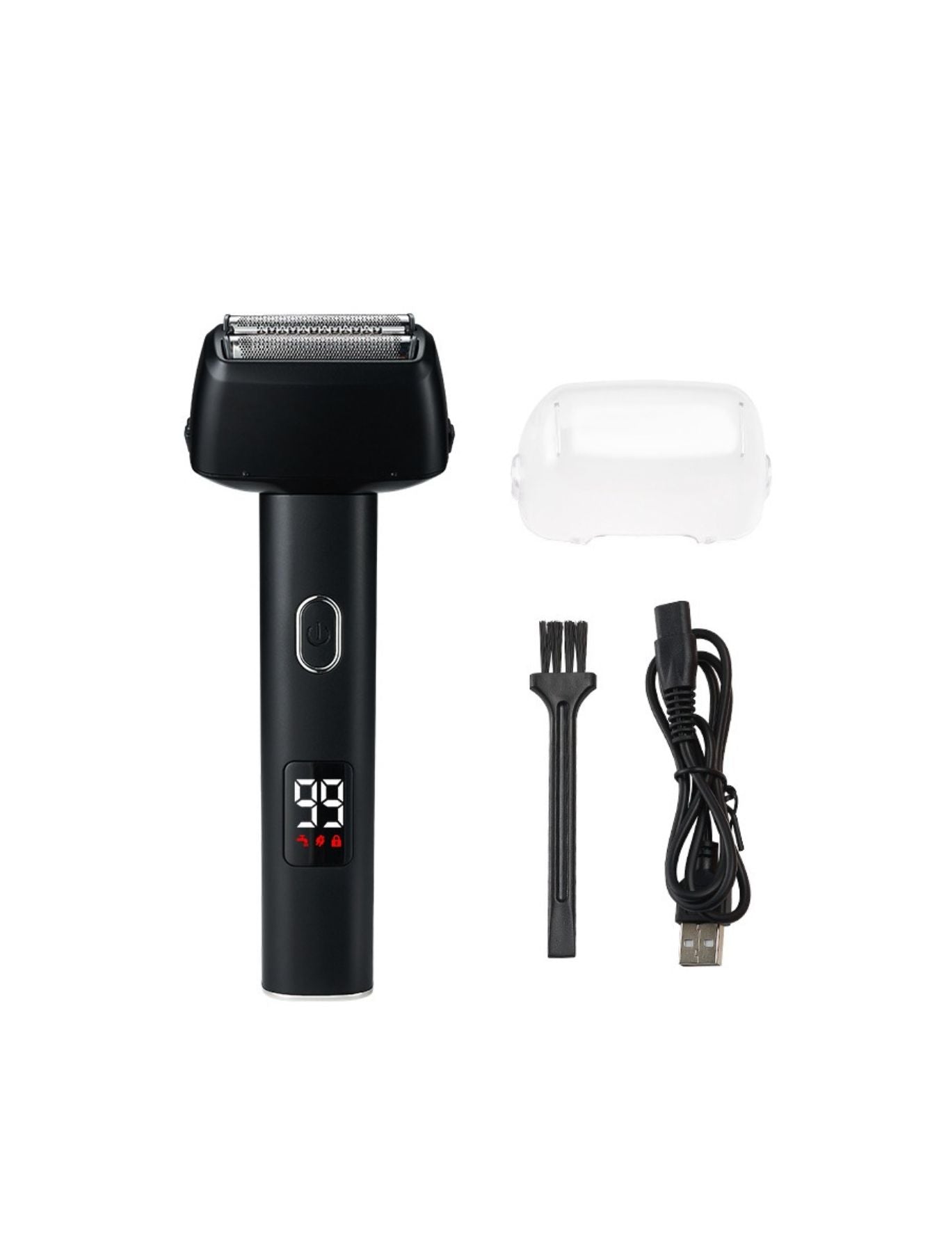 Army green rechargeable foil shaver with LED display, compact design, and ergonomic handle for a close, comfortable shave.
