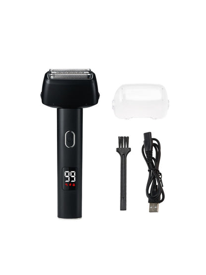 Army green rechargeable foil shaver with LED display, compact design, and ergonomic handle for a close, comfortable shave.