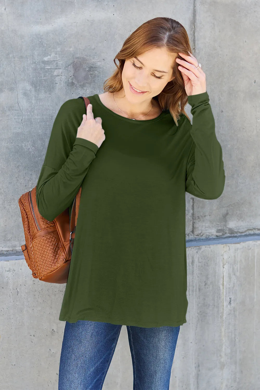 Army green Basic Bae full-size round neck dropped shoulder T-shirt by Trendsi, showing a casual fit and soft fabric.
