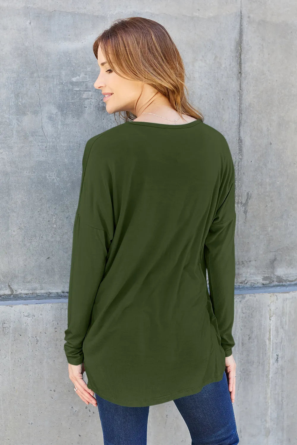 Army green Trendsi Basic Bae full-size round neck dropped shoulder t-shirt, casual and comfortable for everyday wear.