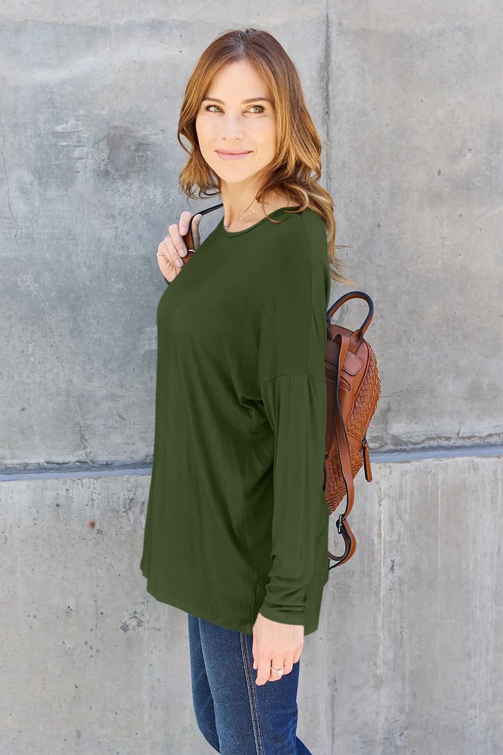 Army green Basic Bae full-size round neck dropped shoulder T-shirt by Trendsi, casual and comfortable for everyday wear.
