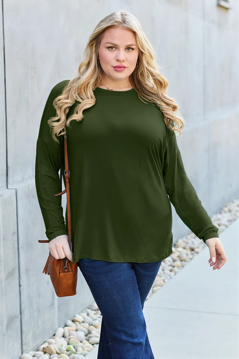 Army green Basic Bae full-size round neck T-shirt with dropped shoulders from Trendsi, casual and comfortable fit.