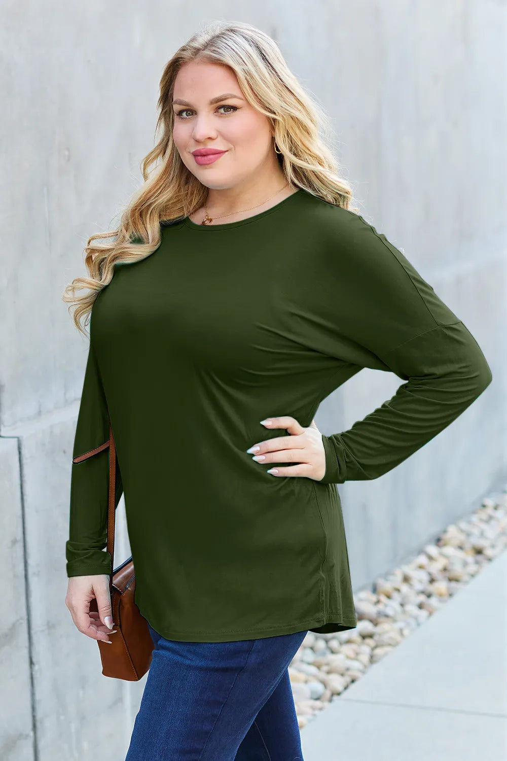 Army green Basic Bae full-size round neck dropped shoulder T-shirt by Trendsi, showing front view with relaxed fit and casual style.