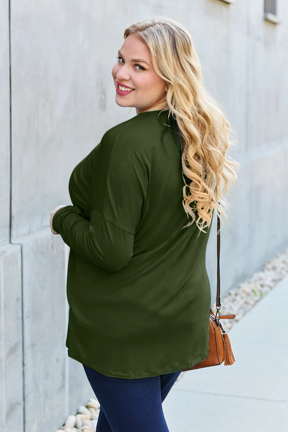 Army green Basic Bae full-size round neck dropped shoulder T-shirt by Trendsi, shown flat with visible neckline and relaxed fit.