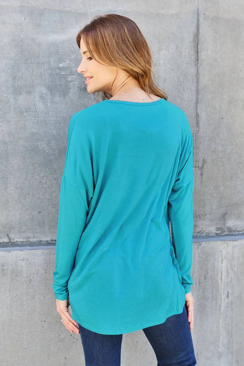 Army green Basic Bae full-size round neck dropped shoulder T-shirt by Trendsi, showing the relaxed fit and casual style.