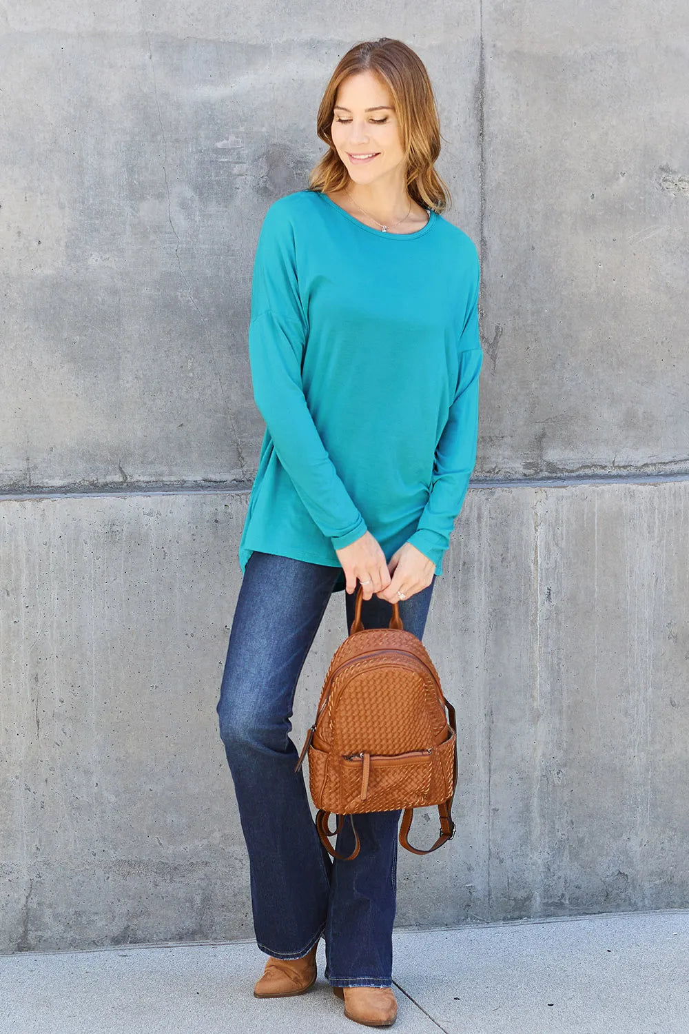 Army green Basic Bae full-size round neck dropped shoulder T-shirt by Trendsi, front view showing relaxed fit and casual style.