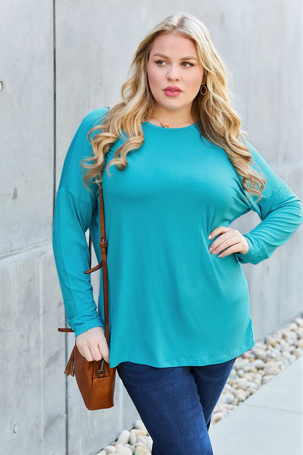 Army green Basic Bae full-size round neck dropped shoulder T-shirt by Trendsi, showing front view with relaxed fit and soft fabric.