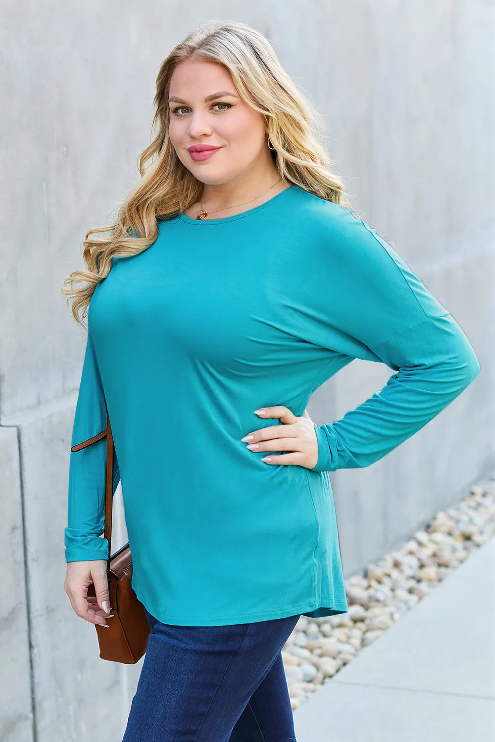Army green Basic Bae full-size round neck dropped shoulder T-shirt by Trendsi, showing a casual, relaxed fit with long sleeves.