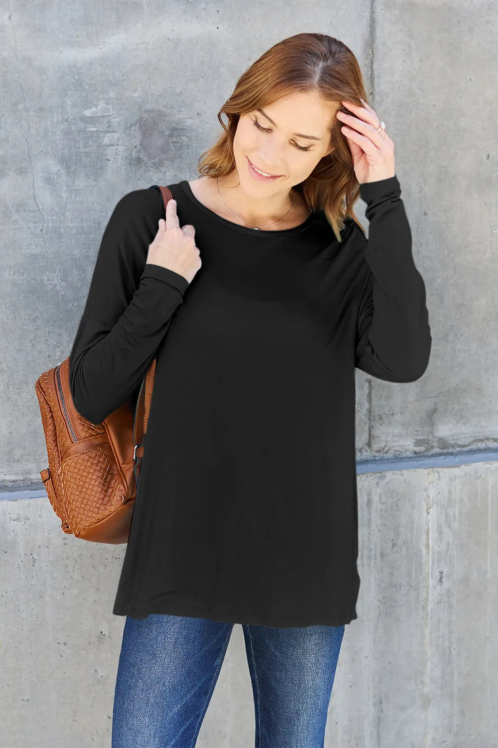 Army green Trendsi Basic Bae full-size round neck dropped shoulder T-shirt displayed on a model.