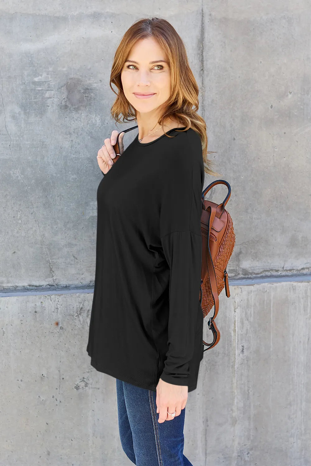 Army green Basic Bae full-size round neck dropped shoulder T-shirt by Trendsi, showing the relaxed fit and casual style.