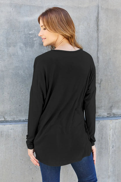 Army green Trendsi Basic Bae full-size round neck dropped shoulder T-shirt, casual fit, soft fabric, and relaxed style.