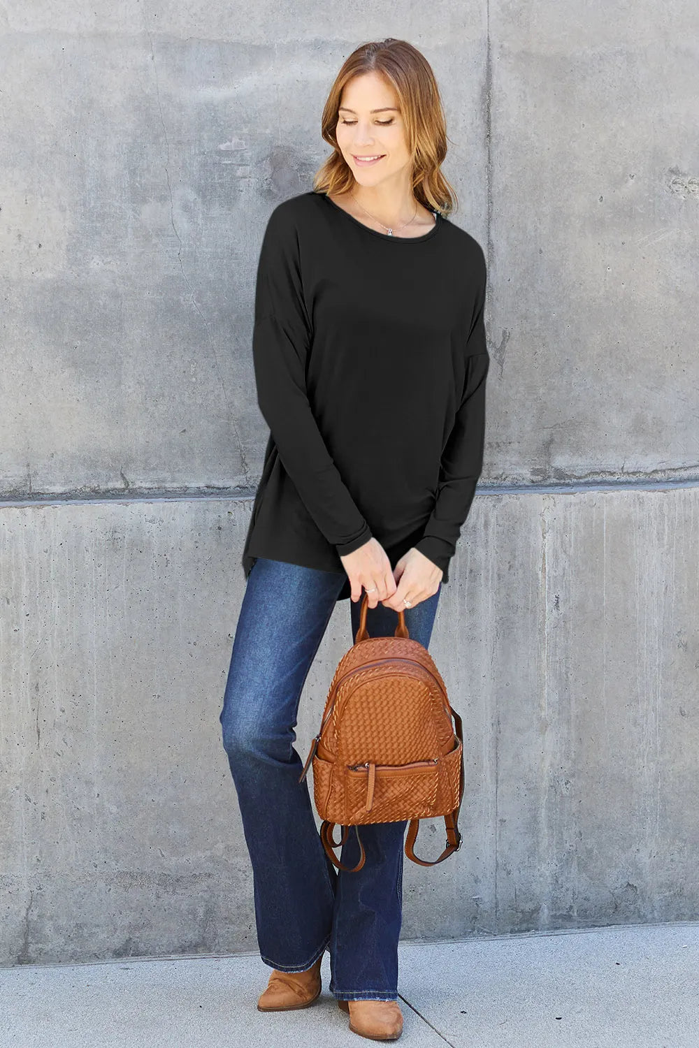Army green Basic Bae full-size round neck dropped shoulder T-shirt by Trendsi, showing a relaxed fit and casual style.