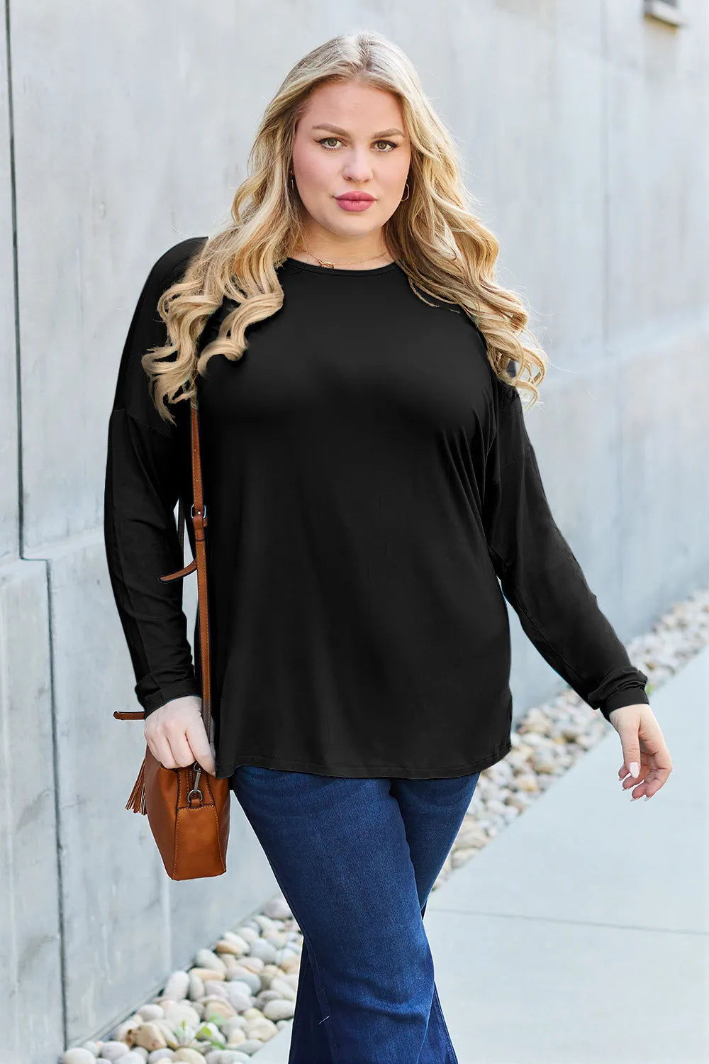 Army green Trendsi Basic Bae full-size round neck dropped shoulder T-shirt, casual fit, soft fabric, and relaxed style.
