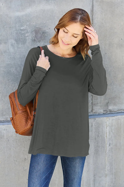 Army green Basic Bae full-size round neck dropped shoulder T-shirt by Trendsi, casual and comfortable women’s top.