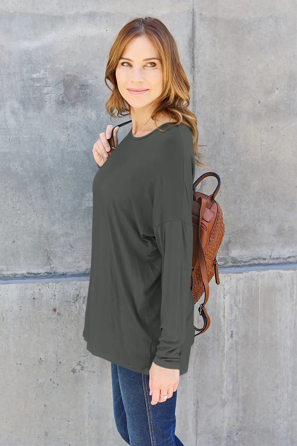 Army green Basic Bae full-size round neck dropped shoulder T-shirt by Trendsi, showing the relaxed fit and casual style.