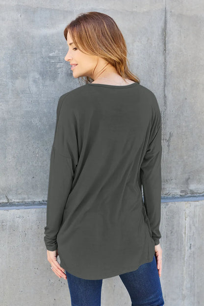 Army green Basic Bae full-size round neck T-shirt by Trendsi with dropped shoulders, casual and comfortable fit.